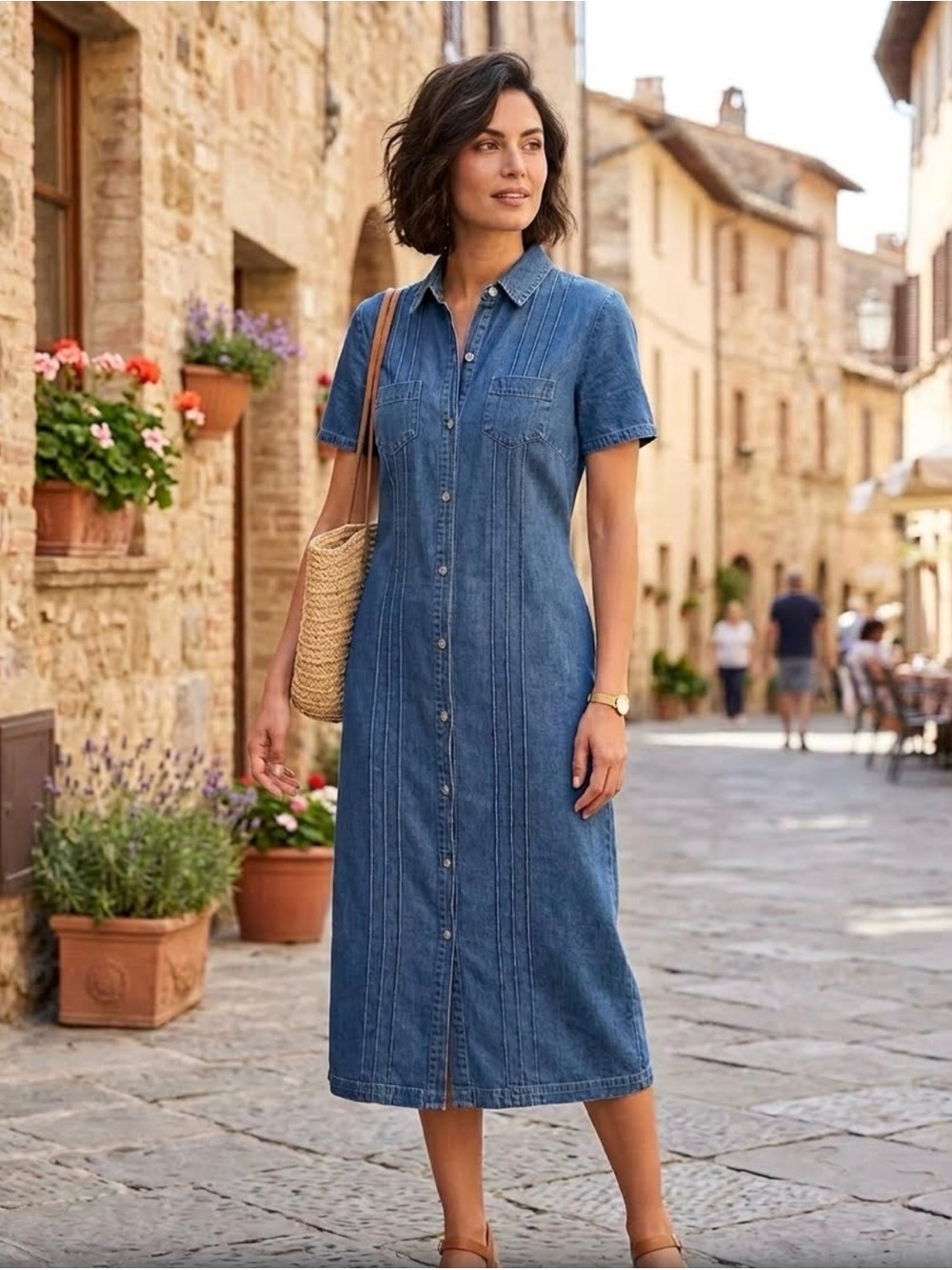 Expressions Vintage Denim Midi Shirt Dress in Blue